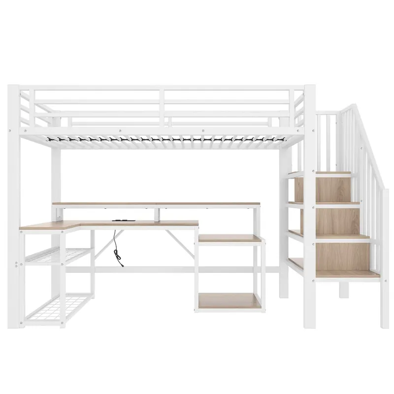 Cama alta 90x200 cm - Estructura metal, escritorio, escalera con almacenamiento, LED, USB - Blanco