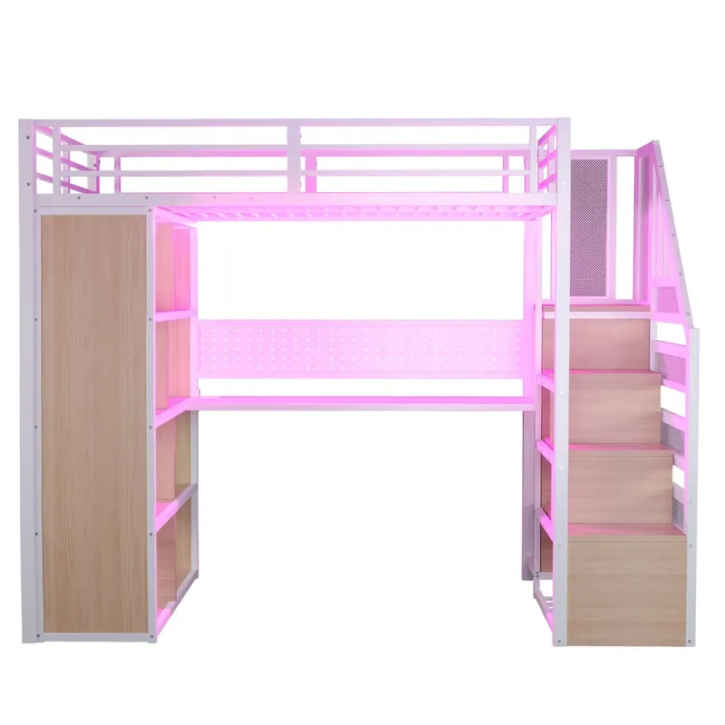 Cama alta metálica 90x200 cm - con armario, escritorio y LED - blanco