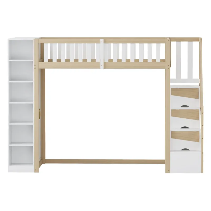 Cama alta multifuncional 90x200 cm - Con estantes, armario y escalera de seguridad - Gris + Madera natural