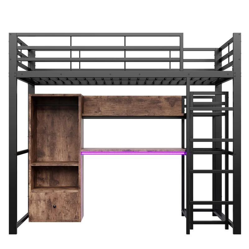 Cama alta 90x200cm - Cama metálica con LED, escritorio, 1 cajón, estantes, barandilla, escalera - Negro
