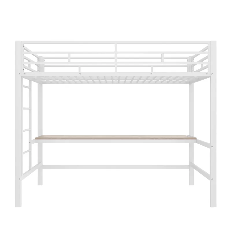 Cama alta 90*200 cm - Con barandilla, escalera, mesa con USB y enchufe, tira de luz con control por app, con LED, conforme EN747 - Blanco