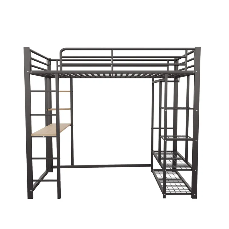 Cama alta 90*200 - Cama infantil con escalera y mesa con suspensión simple y compartimentos de almacenamiento - Negra
