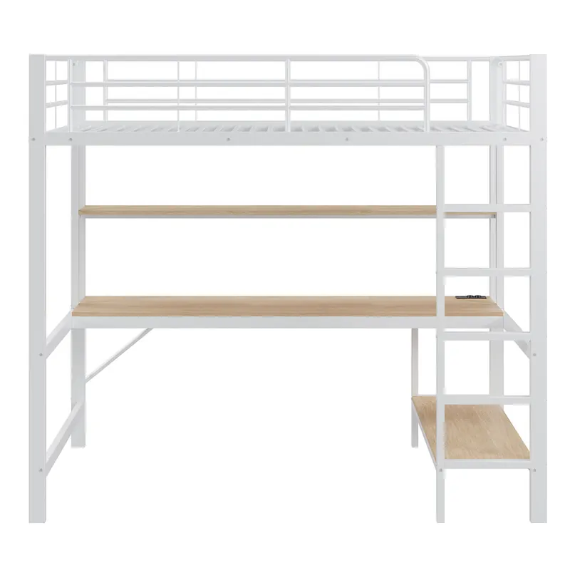Cama alta 90x200cm - Con barandilla, escalera, USB y enchufe, con luces LED, escritorio, estantería multifuncional - Blanco