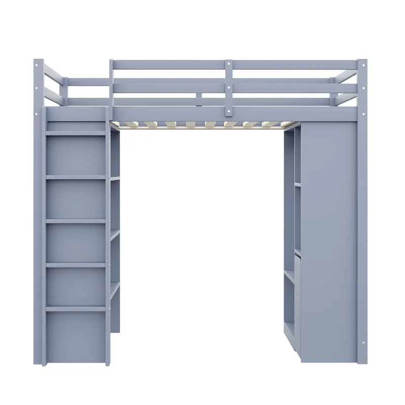 Cama alta infantil 90x200 cm - Con estantes multi-nivel, ganchos simples, compartimentos de almacenamiento, carrito organizador extraíble - Gris