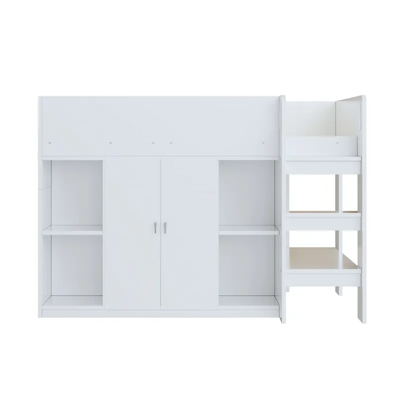 Cama alta multifuncional 90x200 - Con almacenamiento, armario y estanterías, cama infantil con escalera, estructura resistente - Blanco