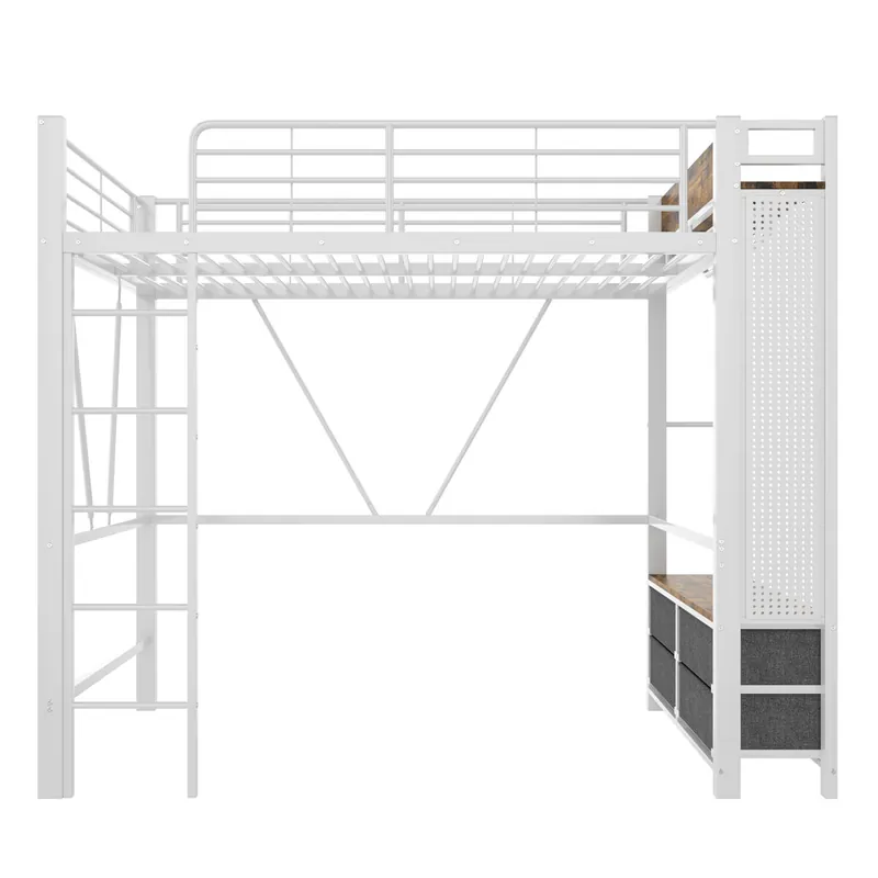 Cama alta 90x200 cm - estructura hierro, barra para secar, estantes, 4 cajones, USB+Type-C, LED, barandilla, escalera, tablero perforado - blanco