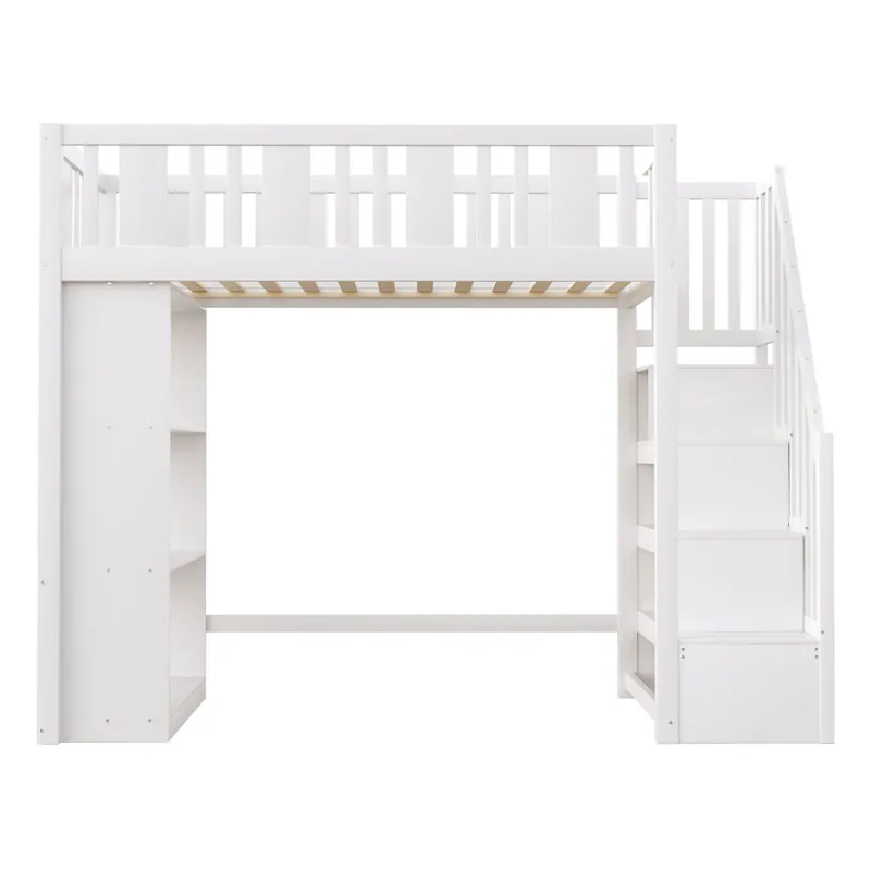 Cama alta 90x200 cm - Cama infantil con escalera de almacenamiento, cama multifuncional con grandes compartimentos, cama juvenil de madera - Blanco