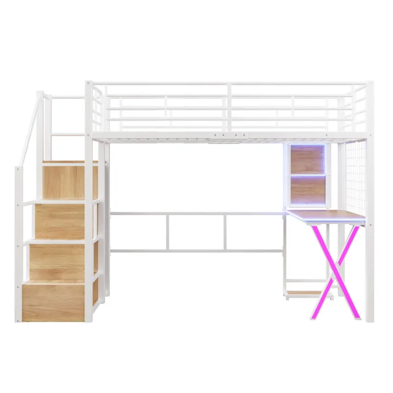 Cama alta 90 x 200 cm - con LED, escalera con estantes, escritorio, armario y estanterías, sin colchón - blanco