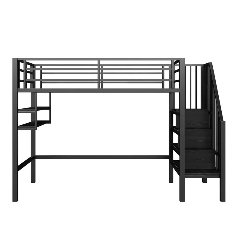 Cama alta 90x200 cm - Estanterías, escalera de almacenamiento, espacio libre para vestirse, barandilla - Blanco