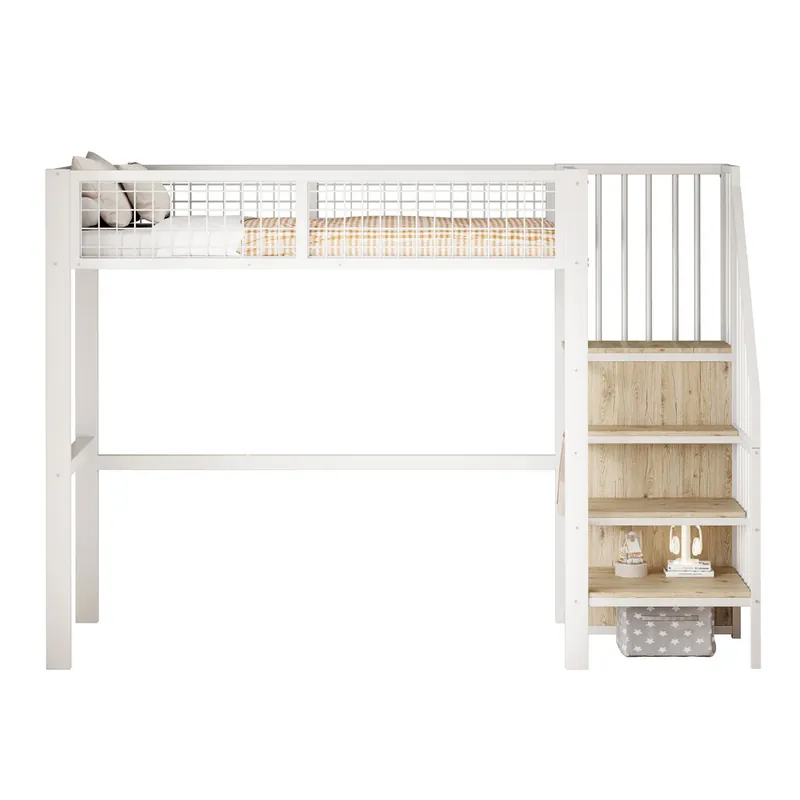Cama alta 90*200 - con escalera, estructura de metal y estante de almacenamiento, armario - Blanco
