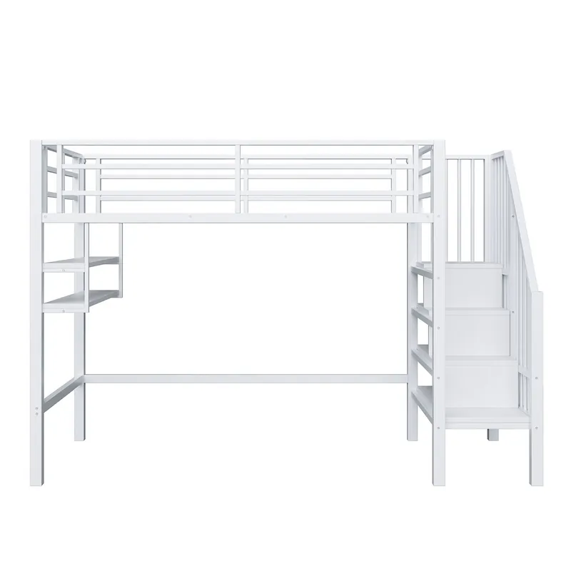Cama alta 90x200 cm - Estanterías, escalera de almacenamiento, espacio libre para vestirse, barandilla - Blanco