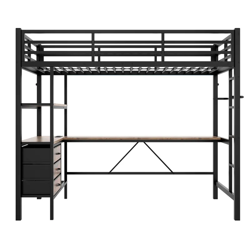 Cama alta 90x200cm - Con LED, escritorio, enchufe + USB, 3 cajones, estantes, barandilla, escalera, sin colchón - Blanco