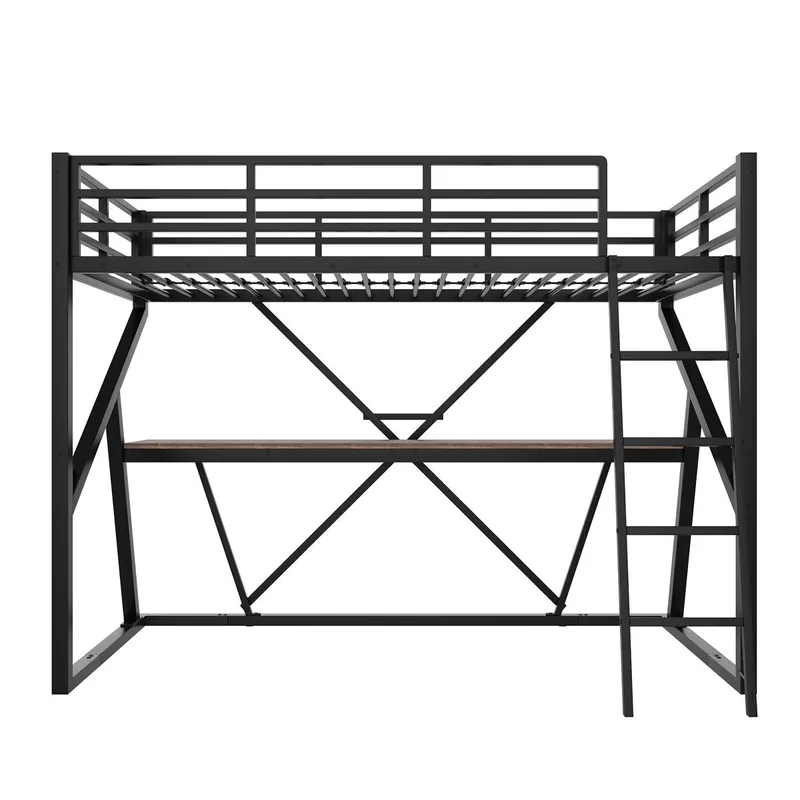 Cama alta 90x200cm - Estructura de hierro, LED, barandilla, escalera, escritorio - Blanco