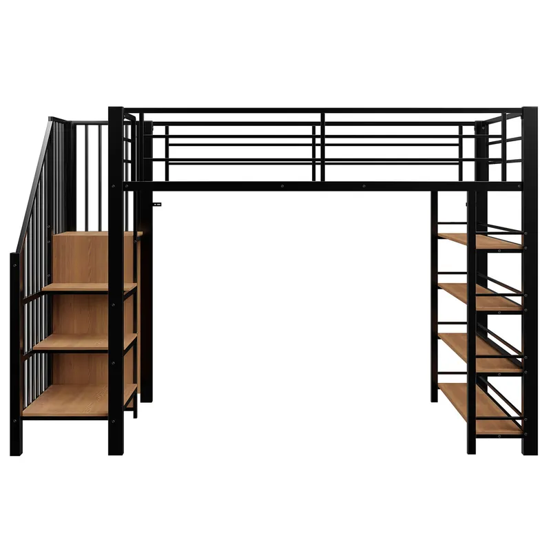 Cama alta 90*200 cm - Escalera de seguridad, almacenamiento y pequeño armario, estantes, diseño de cerca alto - Negro