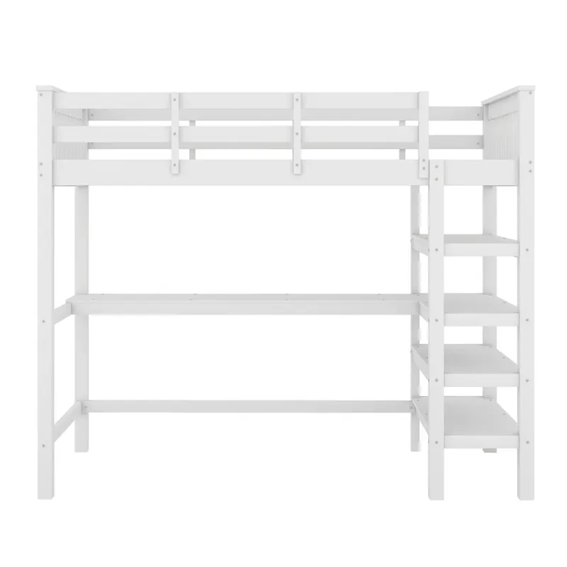 Cama alta 90x200 - Cama infantil con compartimentos de almacenamiento y escritorio debajo - Blanco