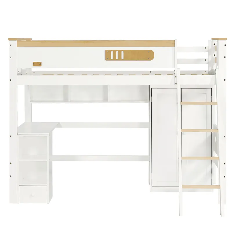 Cama alta de madera - 90x200 cm - con estantes, escritorio y armario - Blanco