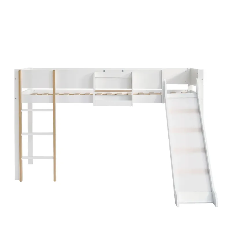 Cama alta 90x200 cm con estantes extraíbles - con escalera y tobogán - en madera de pino y MDF - Blanco