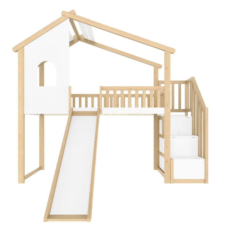 Cama alta 90x200cm - Barandilla de cama, escalera con almacenamiento, ventana, tobogán, listón de casa - Natural+Blanco