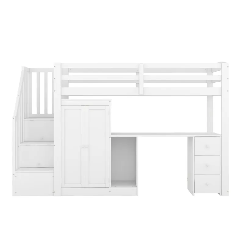 Cama alta 90x200 cm - Con somier, sin colchón, con armario, escalera, escritorio y cajones - Blanco
