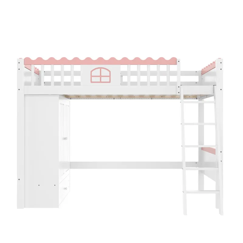 Cama alta 90x200cm - Con LED, con armario, con cajón, certificado EN747 - Blanco