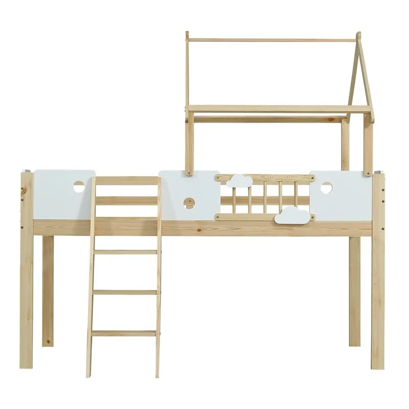 Cama alta 90x200cm - Con protección contra caídas, diseño de techo, escalera de 3 peldaños - Blanco + Natural