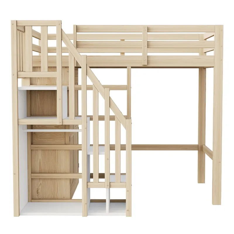 Cama alta 90x200 cm - Con escalera de seguridad, armario de almacenamiento - Color madera natural