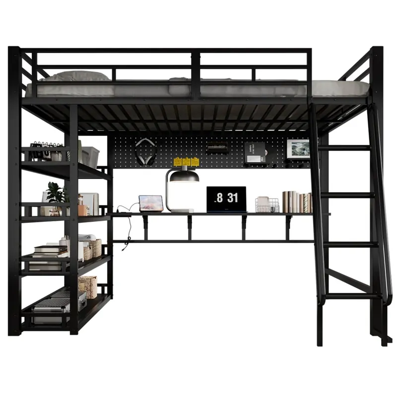 Cama alta de hierro 140x200 cm - con estantes, gran almacenamiento, puerto de carga, escalera inclinada de cuatro peldaños y ganchos - negro