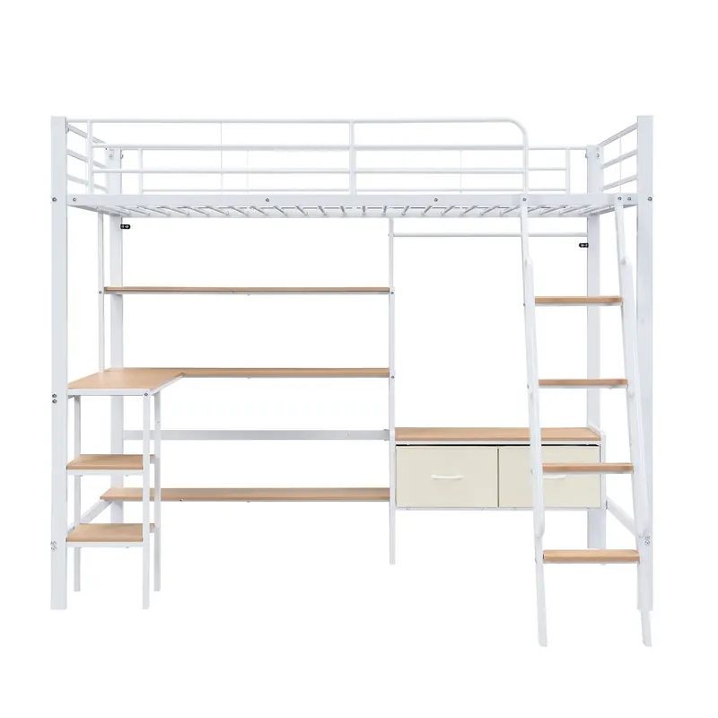 Cama alta de hierro 90x200 cm - con escritorio, estantería, escalera inclinada de cuatro peldaños y 2 cajas de tela - blanco/natural