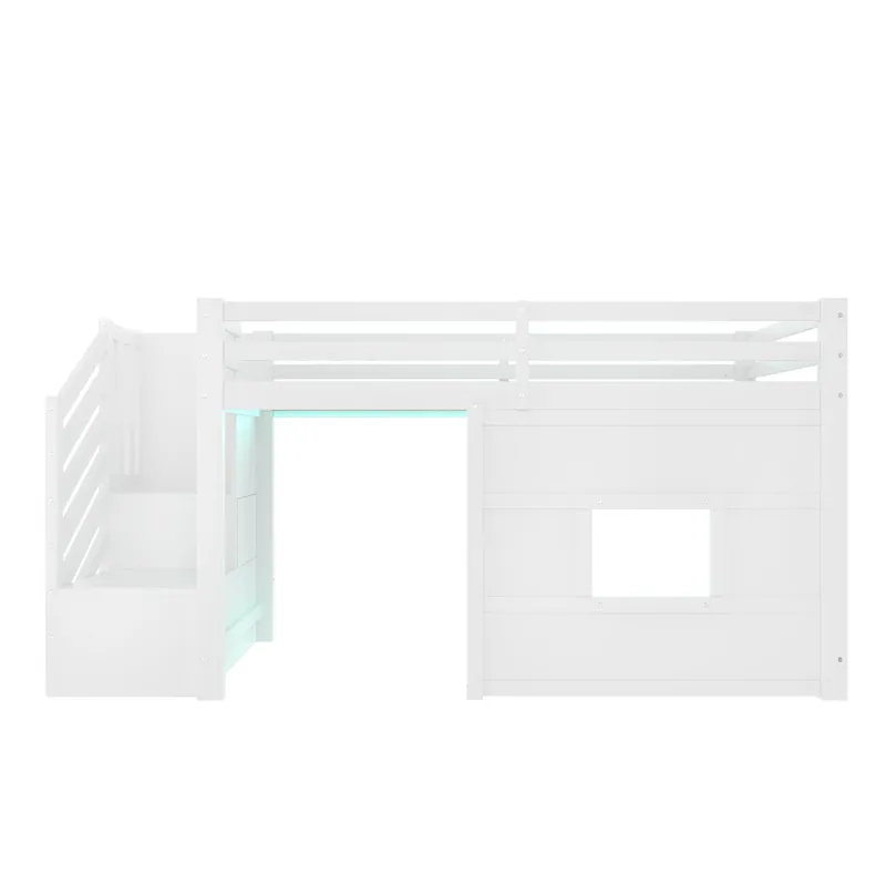 Cama alta 90x200 - con escalera de almacenamiento y ventana - Blanco