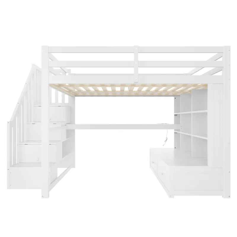 Cama alta 140x200 - con escritorio, estanterías, 2 cajones y escalera con almacenamiento - blanco