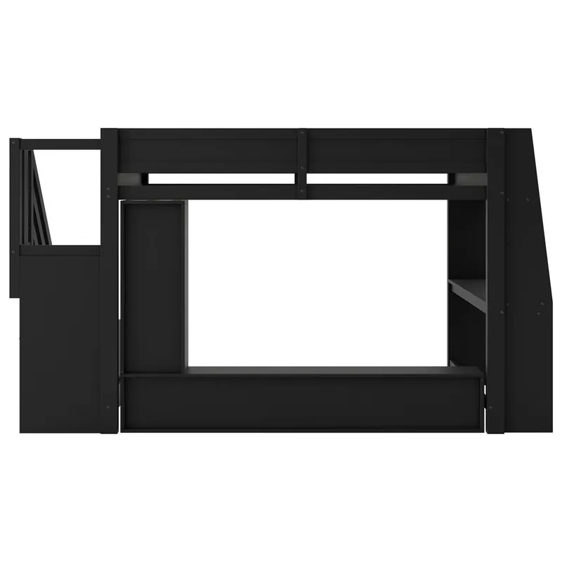 Cama alta 140x200 - escritorio, almacenamiento múltiple, LED y escalera con espacio - Negro