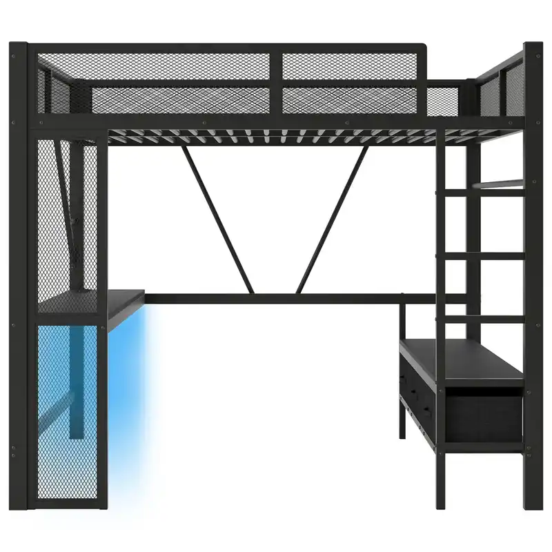 Cama alta 140x200 cm - Metal, escritorio, LED, USB, armario abierto y 3 cajones - Negro