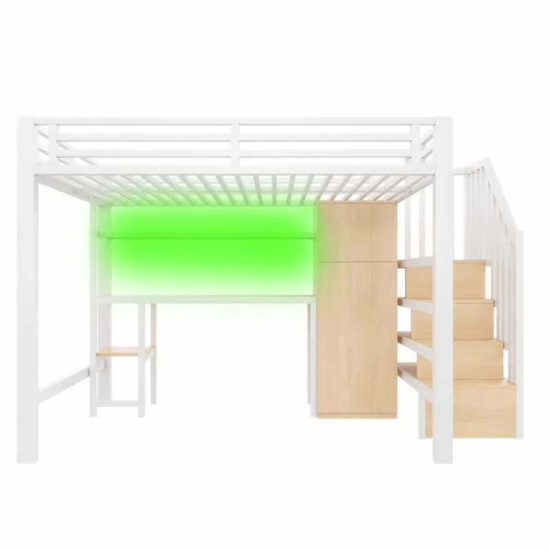 Litera metálica 140x200 - con escritorio, estantería, armario y escalera con almacenamiento - blanco