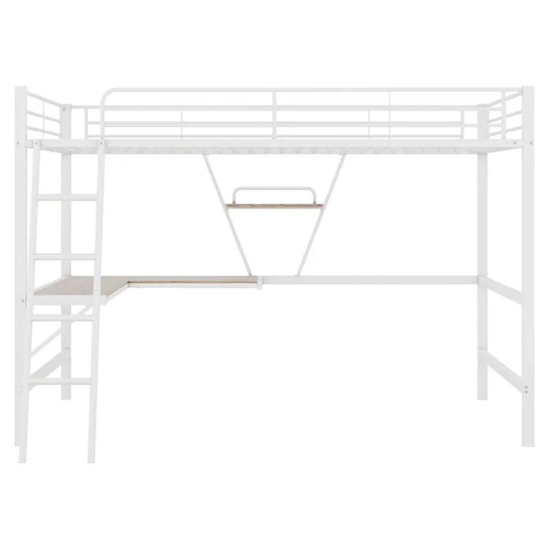 Cama alta 90x200 cm - Estructura metálica, escritorio en L, estantería, sin colchón, blanco