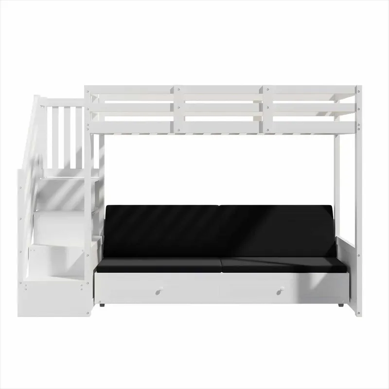 Litera infantil multifuncional 90x200 - con escalera con armario, 2 cajones, cama inferior convertible en sofá, con cojines, sin colchón - blanco