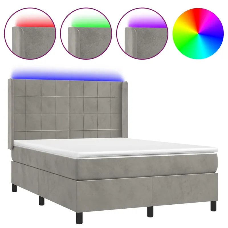Cama box spring colchón y LED terciopelo gris oscuro 140x200 cm Bloques con cuadros - Descanso