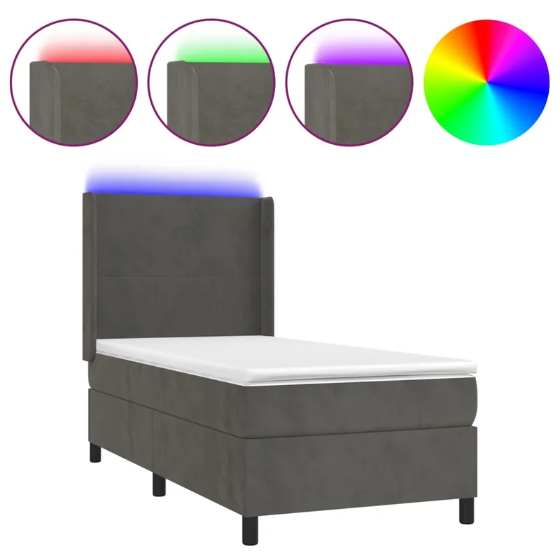 Cama box spring colchón y LED terciopelo gris oscuro 90x190 cm Diseño plano - Descanso