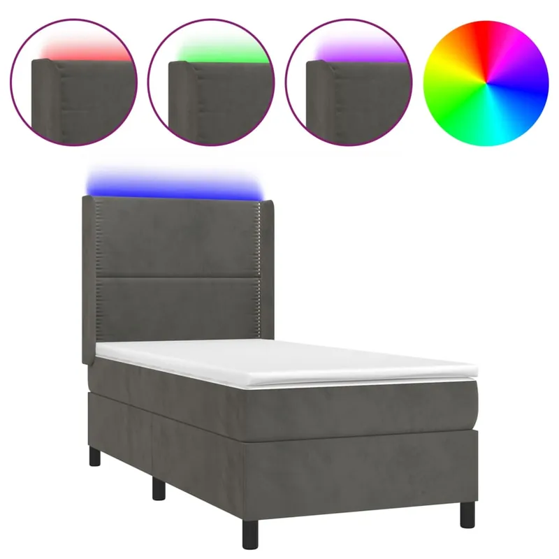 Cama box spring colchón y LED terciopelo gris oscuro 100x200 cm Liso con clavos - Descanso