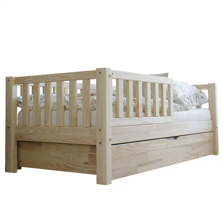 Cama 90x190 con barandilla somier y cajón Agnès Madera - Descanso