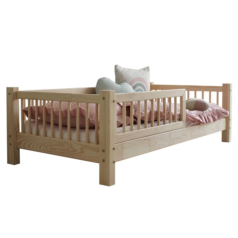 Cama 90x200 con barandilla y somier patas 10 cm Adèle Madera - Descanso