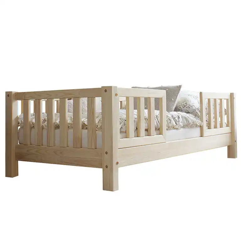 Cama 90x200 con barandilla y somier patas de 10 cm Agnès Madera - Descanso