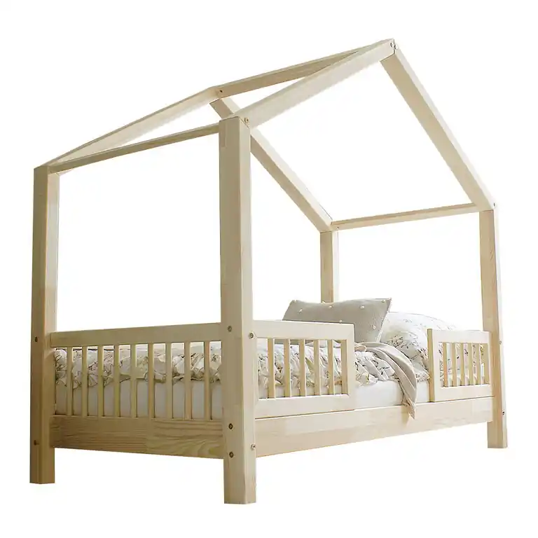 Cama 90x200 con barandillas y somier patas de 10 cm Iris Madera - Descanso