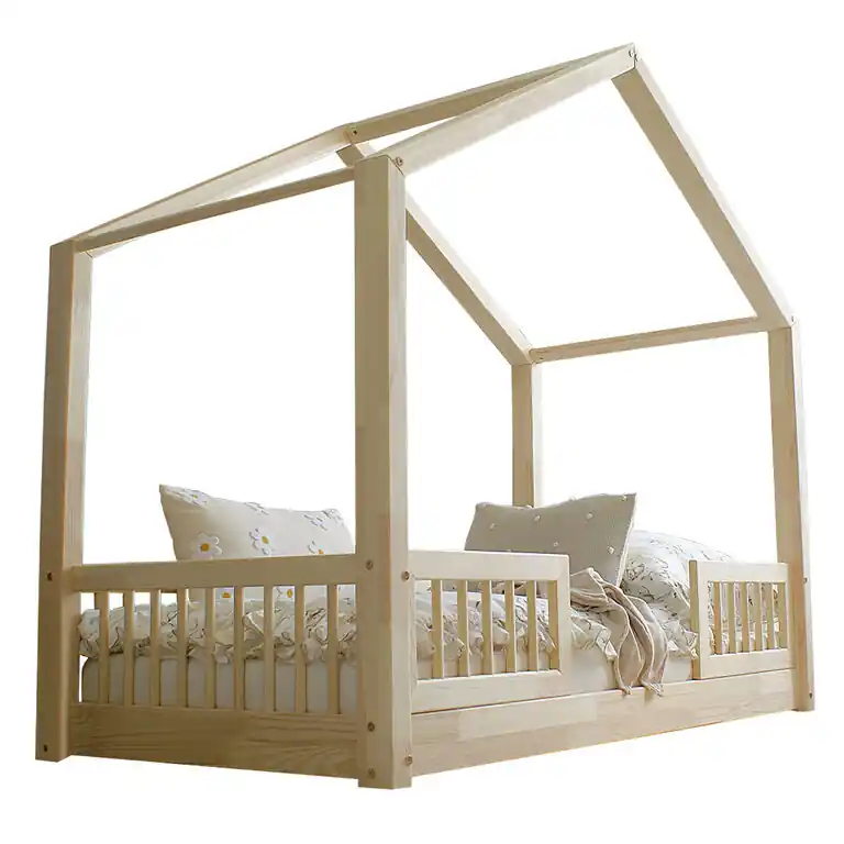 Cama 90x200 con barandillas y somier patas de 1 cm Iris Madera - Descanso