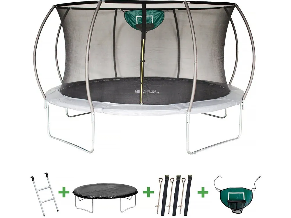 Cama elástica con red interior "Jumper" Ø4,25 m - Gris - Con burbuja, escalera, funda y kit de anclaje