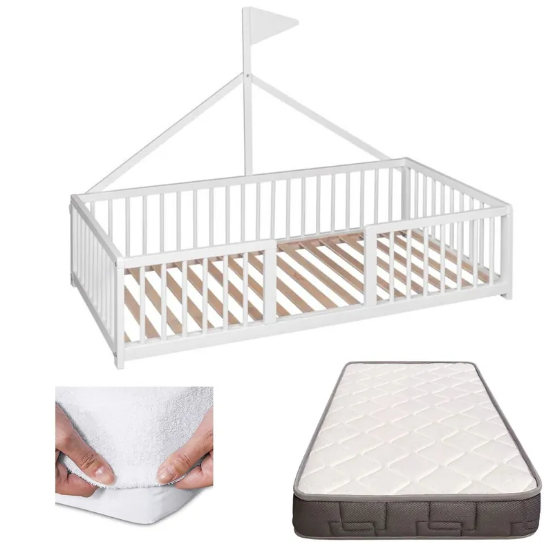 Cama infantil tipi 140x70 Apache Wonderland de madera de haya y color blanco + colchón Morfeo + protector colchón - Bebé