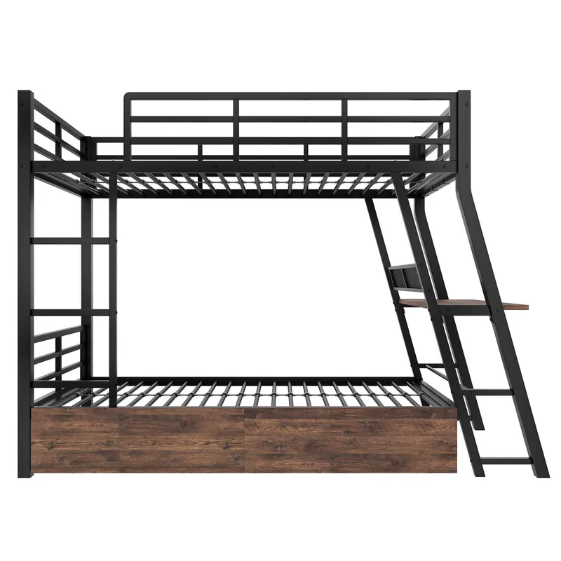 Cama alta 90x200 cm - Estructura de hierro, barra LED, cajones, barandilla, escalera, escritorio - Negro