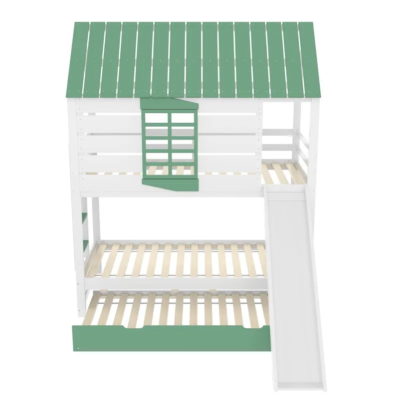 Cama alta 90x200 - con tobogán y cama extra - Blanco+Verde