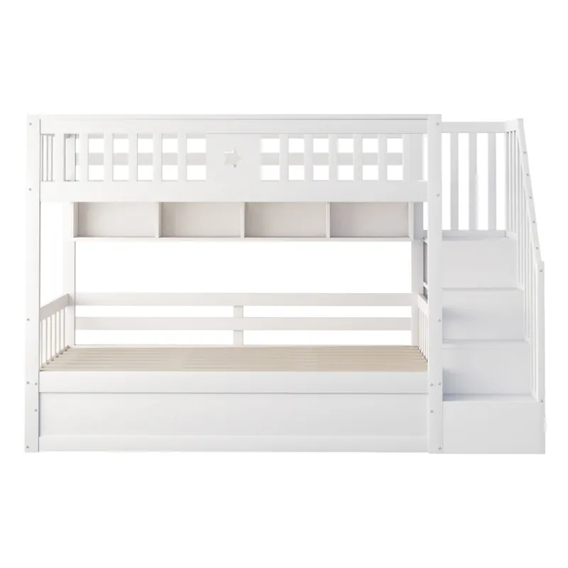 Cama alta 90x200 cm - Cama juvenil, escaleras de almacenamiento, estantes, cama loft, hidráulica - Blanco