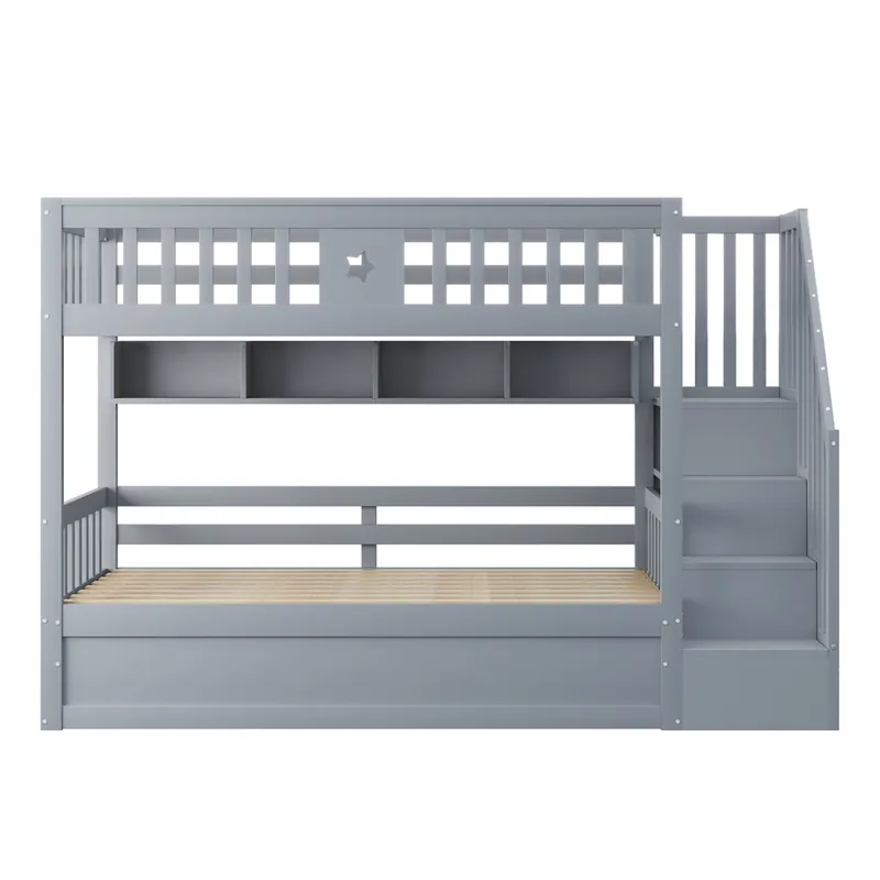 Cama alta 90x200 cm - Cama juvenil, escaleras de almacenamiento, estantes, cama loft, hidráulica - Blanco