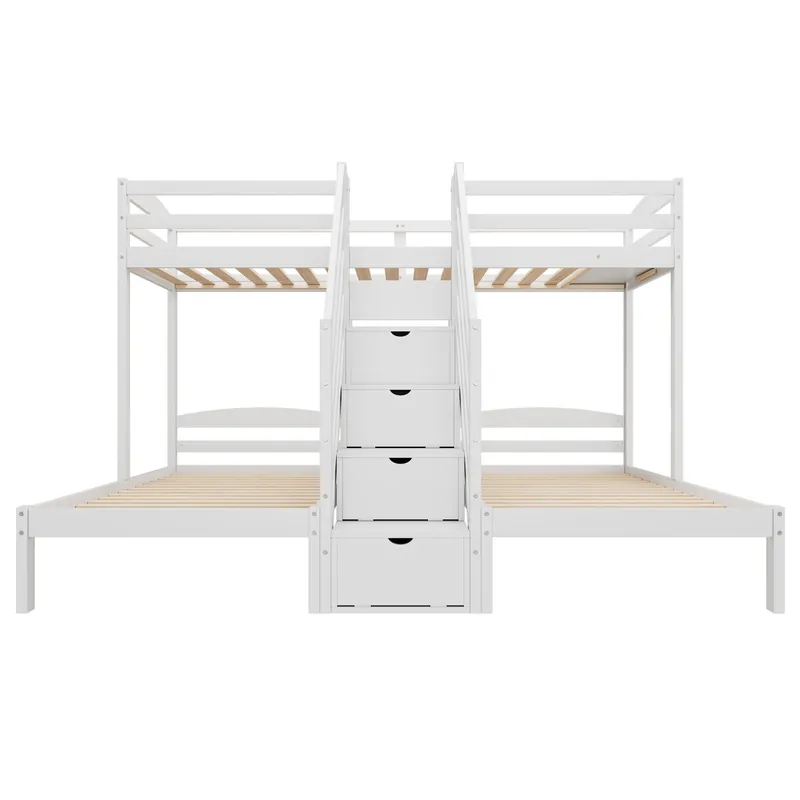 Cama alta 90x200cm - 3 camas, madera de pino, escalera con cajones, barandilla, certificado EN 747 - blanco